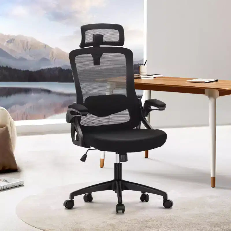 Ergonomic High-Back Mesh Office Chair, Adjustable Height Swivel Chair with Flip-Up Armrests, Black