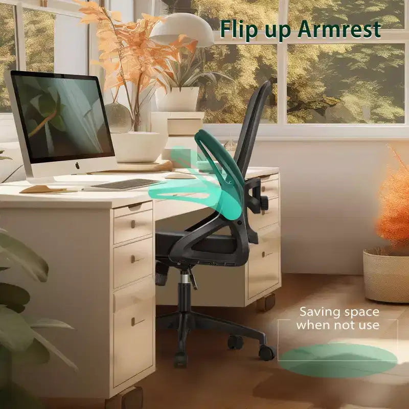 Chaise de bureau ergonomique à dossier haut en maille, Chaise pivotante réglable en hauteur avec accoudoirs relevables, Noir