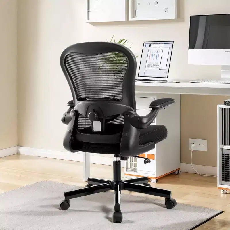 Chaise de bureau ergonomique à dossier haut en maille, Chaise pivotante réglable en hauteur avec accoudoirs relevables, Noir