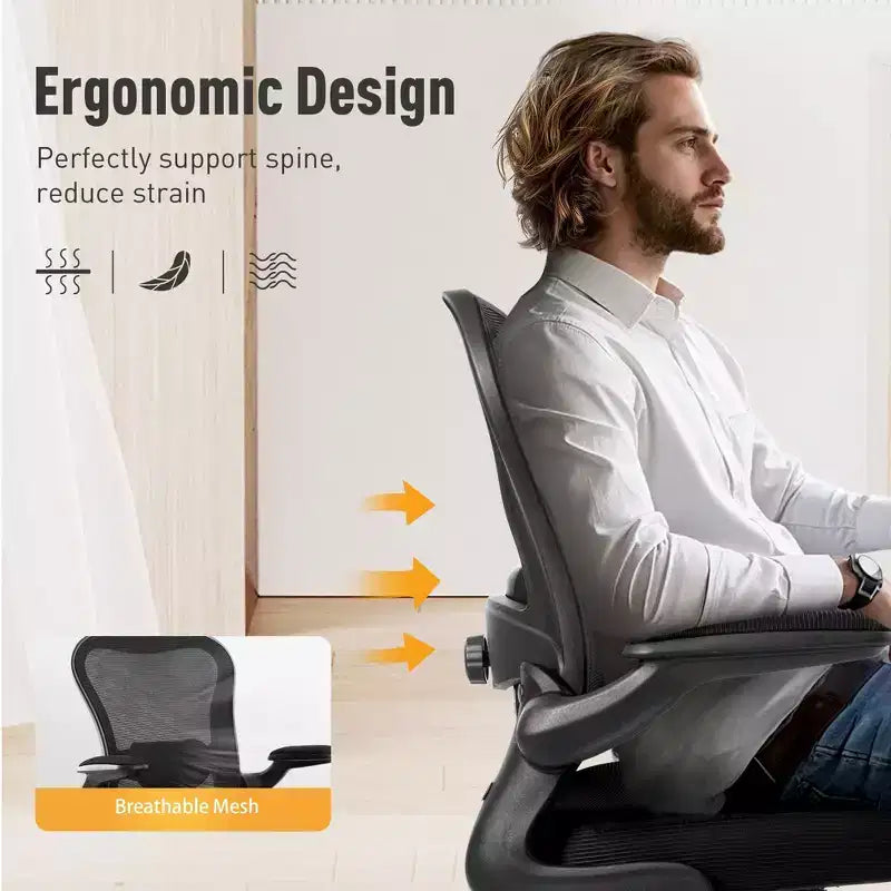 Chaise de bureau ergonomique à dossier haut en maille, Chaise pivotante réglable en hauteur avec accoudoirs relevables, Noir