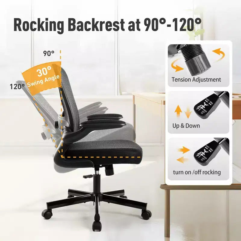 Chaise de bureau ergonomique à dossier haut en maille, Chaise pivotante réglable en hauteur avec accoudoirs relevables, Noir