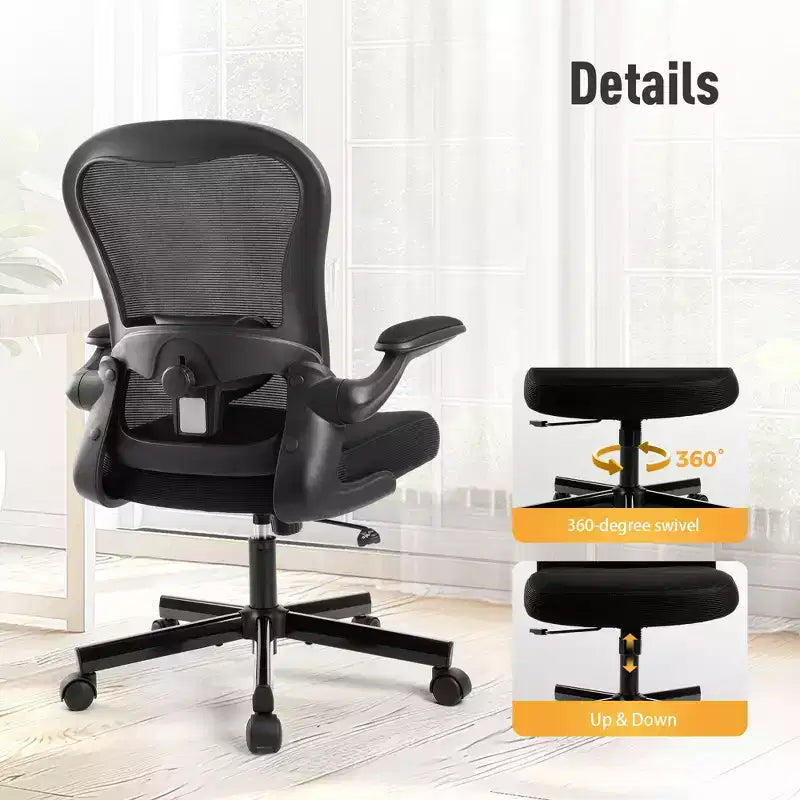 Chaise de bureau ergonomique à dossier haut en maille, Chaise pivotante réglable en hauteur avec accoudoirs relevables, Noir