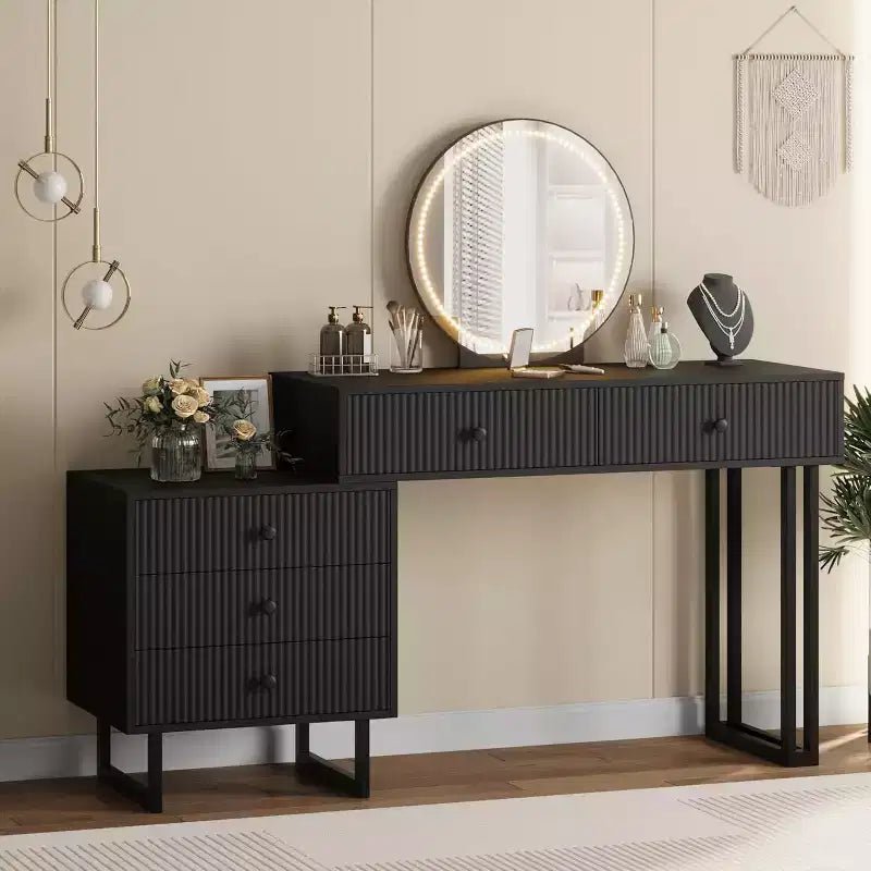 COZONY Coiffeuse avec miroir et lumières, Petite table de maquillage avec tiroirs, Coiffeuse moderne avec 3 couleurs de luminosité réglable pour chambre à coucher