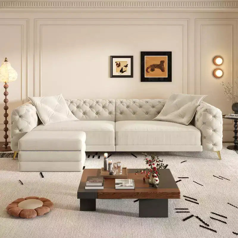 Canapé convertible 3-en-1 Whisen 97.7, assise profonde 28.4 avec capitonnage, 4 places avec pouf