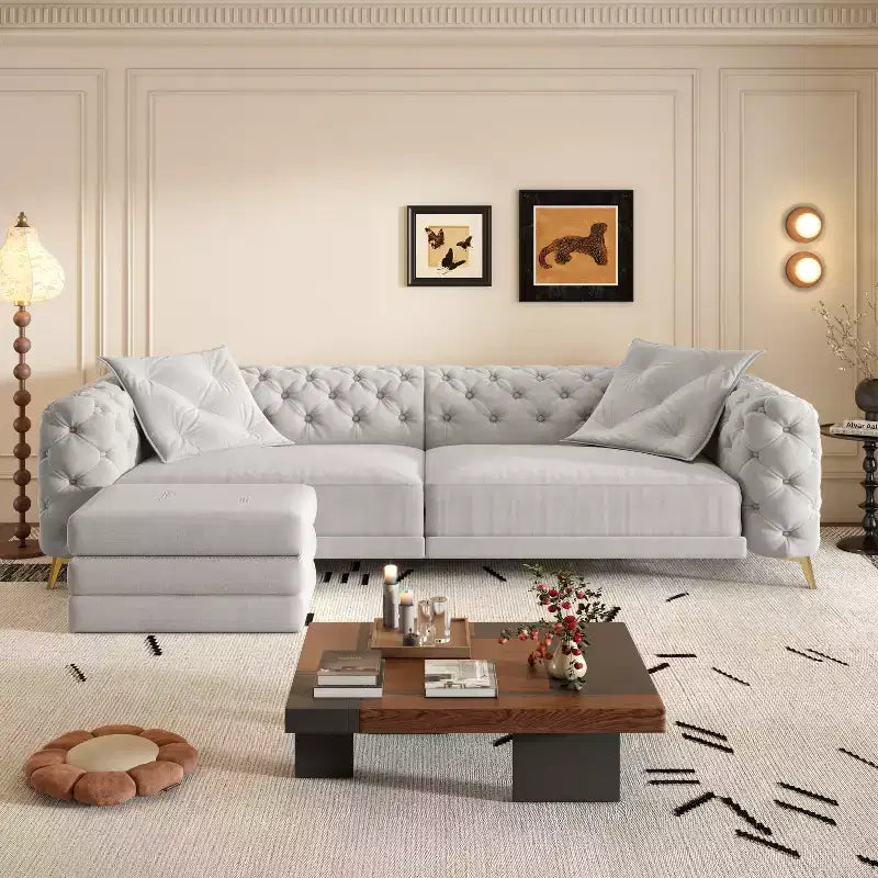 Canapé convertible 3-en-1 Whisen 97.7, assise profonde 28.4 avec capitonnage, 4 places avec pouf