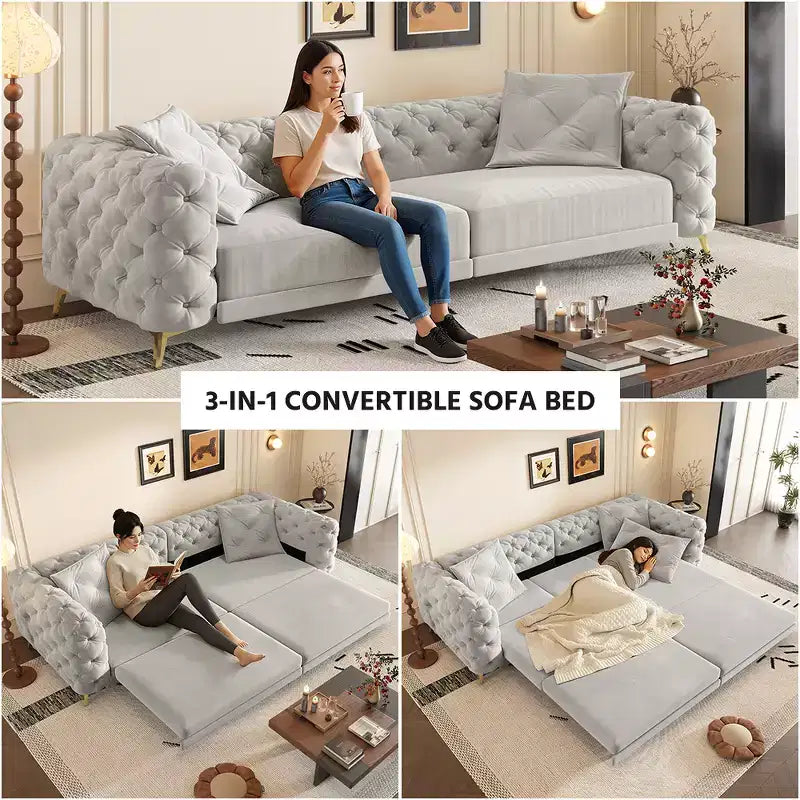 Canapé convertible 3-en-1 Whisen 97.7, assise profonde 28.4 avec capitonnage, 4 places avec pouf