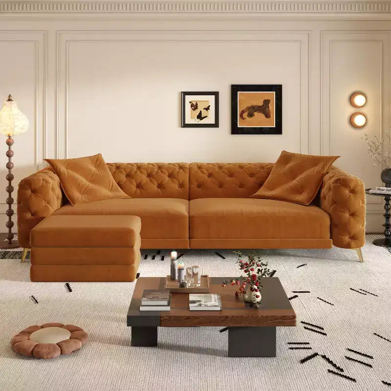 Canapé convertible 3-en-1 Whisen 97.7, assise profonde 28.4 avec capitonnage, 4 places avec pouf