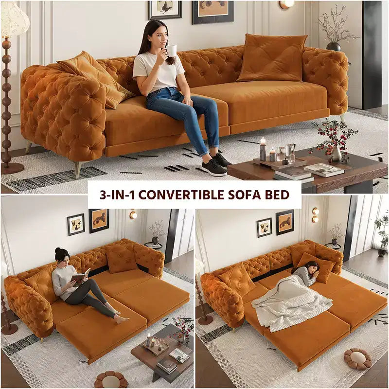 Canapé convertible 3-en-1 Whisen 97.7, assise profonde 28.4 avec capitonnage, 4 places avec pouf
