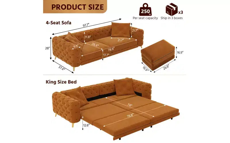 Canapé convertible 3-en-1 Whisen 97.7, assise profonde 28.4 avec capitonnage, 4 places avec pouf