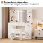 Coiffeuse avec tabouret, Ensemble coiffeuse de chambre à coucher, Support pour sèche-cheveux, Étagères ouvertes, 7 tiroirs, Luminosité réglable sur 3 modes de couleur