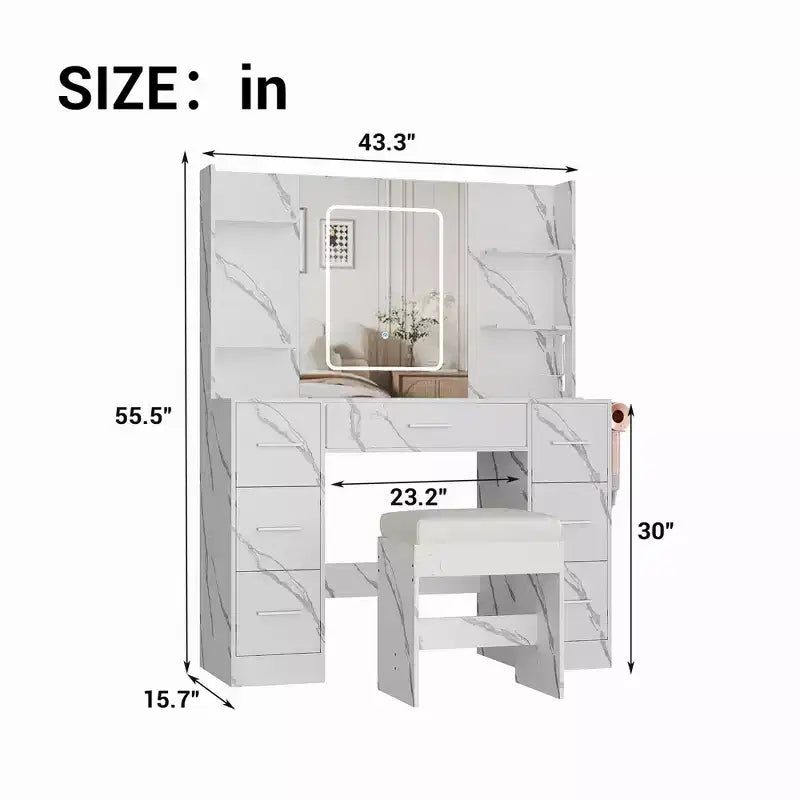 Coiffeuse avec tabouret, Ensemble coiffeuse de chambre à coucher, Support pour sèche-cheveux, Étagères ouvertes, 7 tiroirs, Luminosité réglable sur 3 modes de couleur