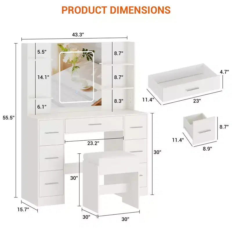 Coiffeuse avec tabouret, Ensemble coiffeuse de chambre à coucher, Support pour sèche-cheveux, Étagères ouvertes, 7 tiroirs, Luminosité réglable sur 3 modes de couleur