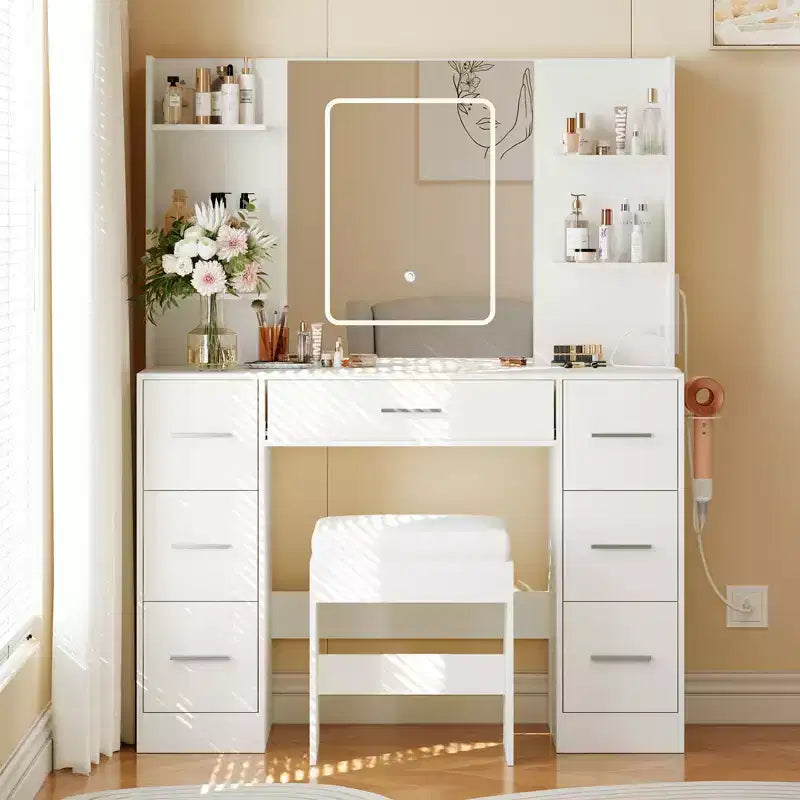 Coiffeuse avec tabouret, Ensemble coiffeuse de chambre à coucher, Support pour sèche-cheveux, Étagères ouvertes, 7 tiroirs, Luminosité réglable sur 3 modes de couleur
