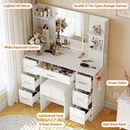 Coiffeuse avec tabouret, Ensemble coiffeuse de chambre à coucher, Support pour sèche-cheveux, Étagères ouvertes, 7 tiroirs, Luminosité réglable sur 3 modes de couleur