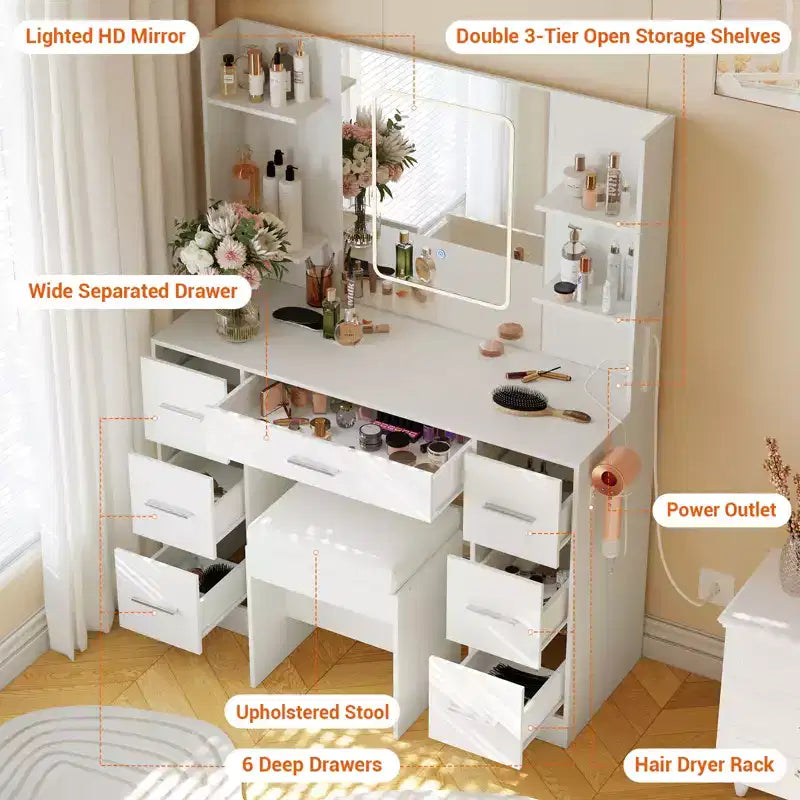 Coiffeuse avec tabouret, Ensemble coiffeuse de chambre à coucher, Support pour sèche-cheveux, Étagères ouvertes, 7 tiroirs, Luminosité réglable sur 3 modes de couleur