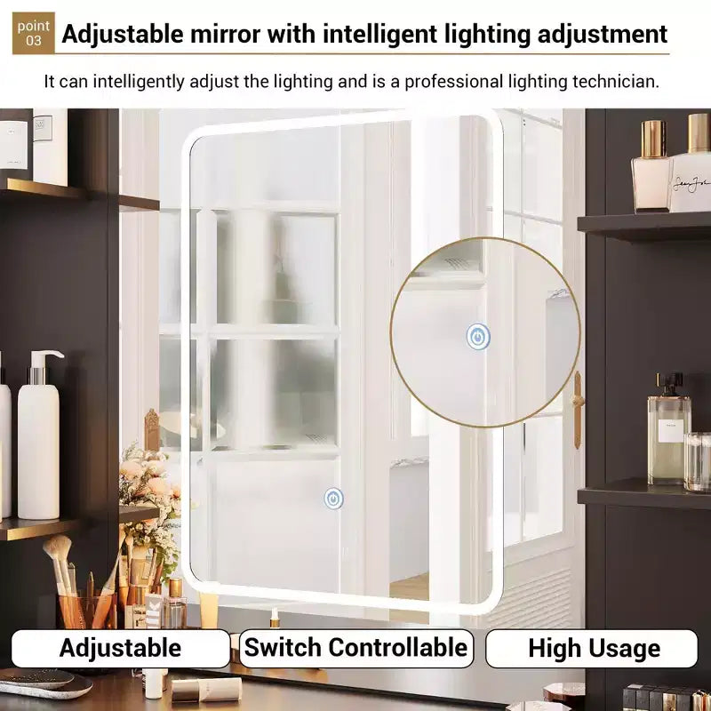 Coiffeuse avec tabouret, Ensemble coiffeuse de chambre à coucher, Support pour sèche-cheveux, Étagères ouvertes, 7 tiroirs, Luminosité réglable sur 3 modes de couleur
