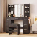 Coiffeuse avec tabouret, Ensemble coiffeuse de chambre à coucher, Support pour sèche-cheveux, Étagères ouvertes, 7 tiroirs, Luminosité réglable sur 3 modes de couleur