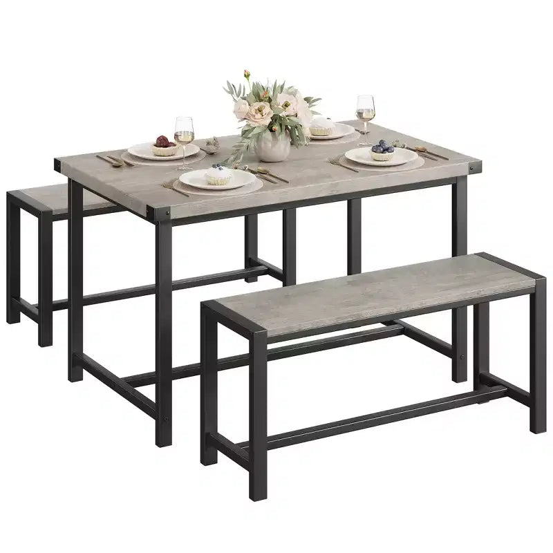 Ensemble table à manger pour 4 avec 2 bancs, ensemble de table de cuisine avec cadre en métal et panneau MDF, dinette peu encombrante pour cuisine, salle à manger