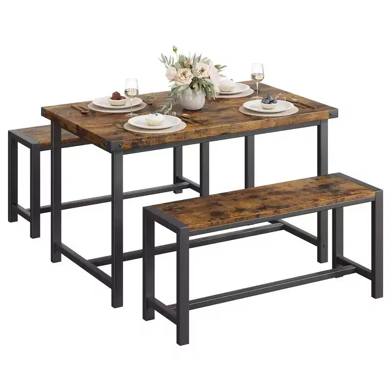 Ensemble table à manger pour 4 avec 2 bancs, ensemble de table de cuisine avec cadre en métal et panneau MDF, dinette peu encombrante pour cuisine, salle à manger