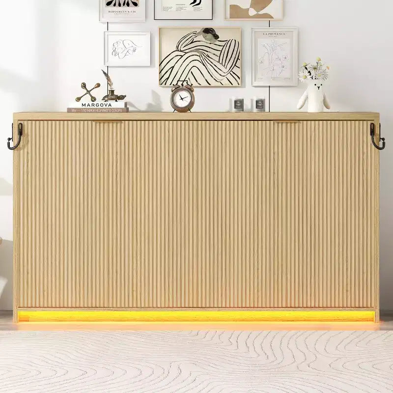 ModernLuxe Lit escamotable double XL, cadre de lit mural, lit d'armoire en bois avec lumière LED, naturel