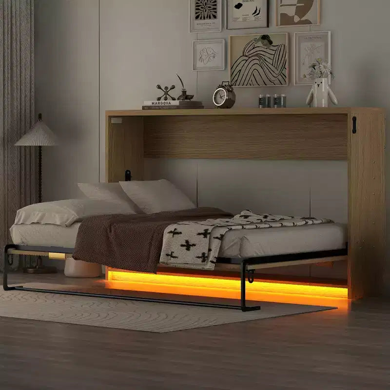 ModernLuxe Lit escamotable double XL, cadre de lit mural, lit d'armoire en bois avec lumière LED, naturel
