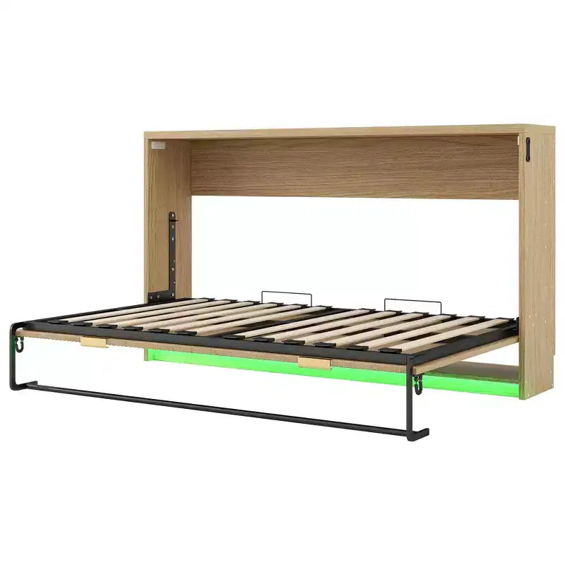 ModernLuxe Lit escamotable double XL, cadre de lit mural, lit d'armoire en bois avec lumière LED, naturel