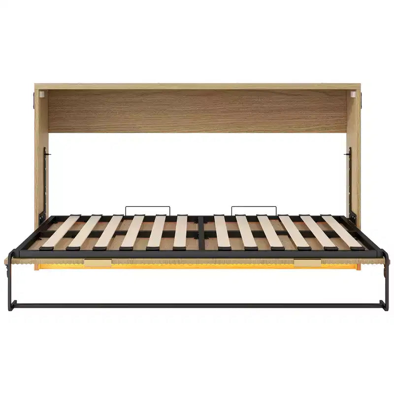 ModernLuxe Lit escamotable double XL, cadre de lit mural, lit d'armoire en bois avec lumière LED, naturel