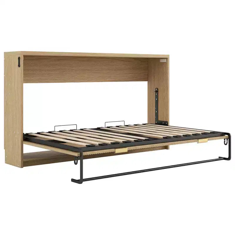 ModernLuxe Lit escamotable double XL, cadre de lit mural, lit d'armoire en bois avec lumière LED, naturel