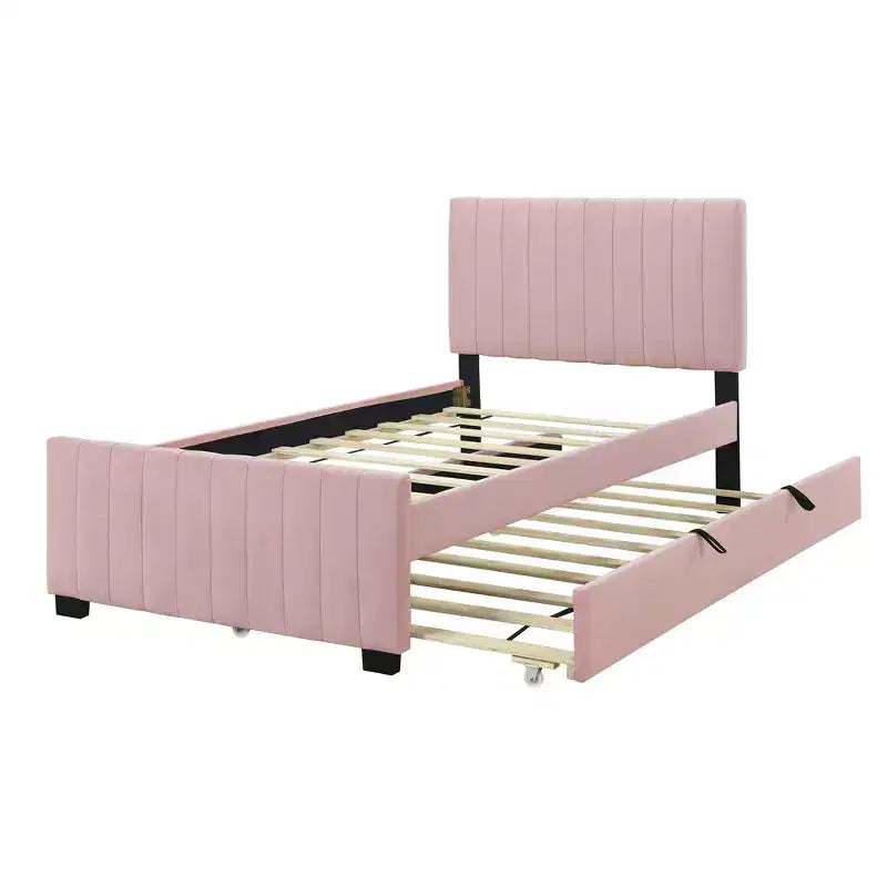 Bellemave Cadre de lit jumeau avec lit gigogne, Cadre de lit rembourré en velours, Lit plateforme rembourré jumeau pour enfants adolescents adultes rose