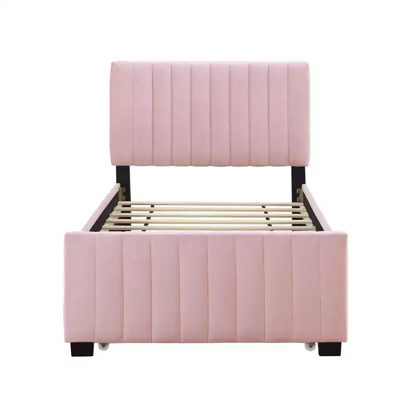 Bellemave Cadre de lit jumeau avec lit gigogne, Cadre de lit rembourré en velours, Lit plateforme rembourré jumeau pour enfants adolescents adultes rose