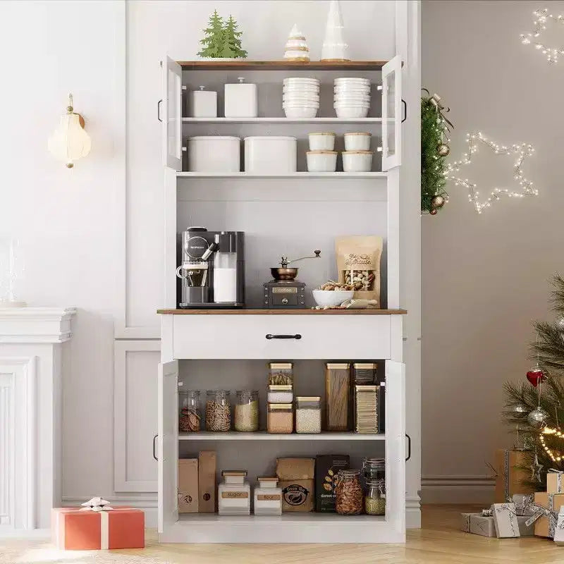 Meuble haut de cuisine de 180 cm avec support micro-ondes et coin café, buffet autoportant avec étagères réglables et 4 portes