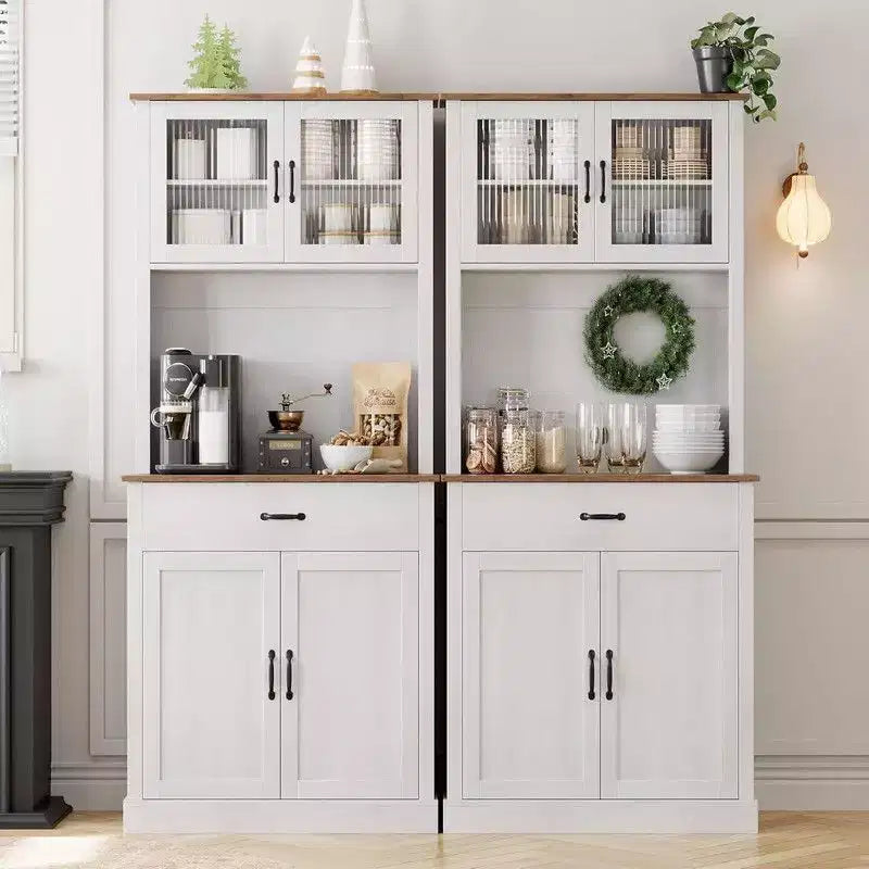 Meuble haut de cuisine de 180 cm avec support micro-ondes et coin café, buffet autoportant avec étagères réglables et 4 portes