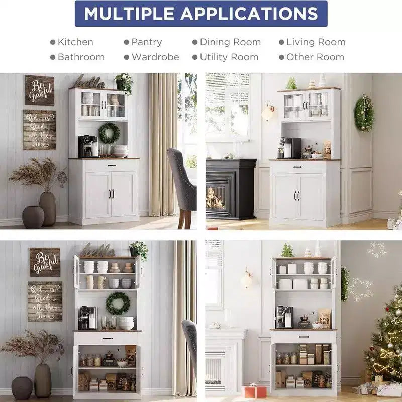 Meuble haut de cuisine de 180 cm avec support micro-ondes et coin café, buffet autoportant avec étagères réglables et 4 portes