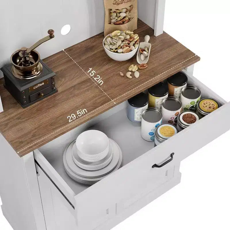 Meuble haut de cuisine de 180 cm avec support micro-ondes et coin café, buffet autoportant avec étagères réglables et 4 portes