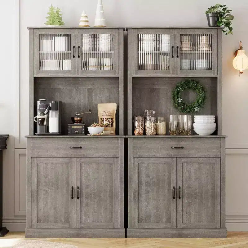 Meuble haut de cuisine de 180 cm avec support micro-ondes et coin café, buffet autoportant avec étagères réglables et 4 portes