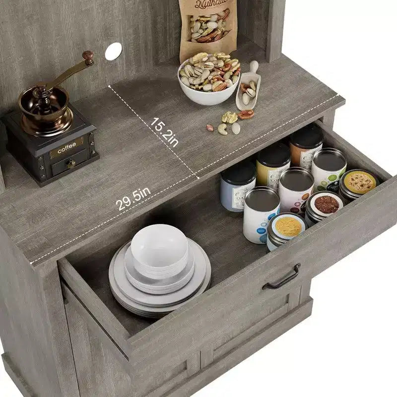 Meuble haut de cuisine de 180 cm avec support micro-ondes et coin café, buffet autoportant avec étagères réglables et 4 portes