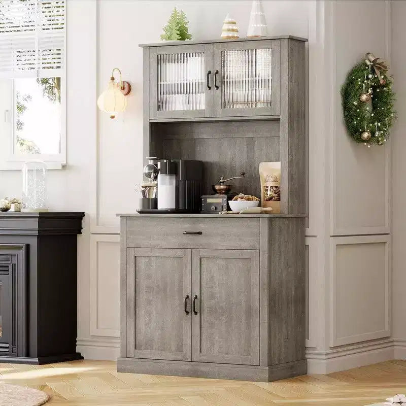 Coolmee 71 inch Kitchen Tall Pantry Cabinet with Microwave Stand and Coffee Bar, Freestanding Hutch Cabinet with Adjustable Shelves and 4 Doors
