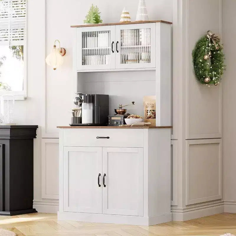 71" Kitchen Tall Pantry Cabinet with Microwave Stand and Coffee Bar, Freestanding Hutch Cabinet with Adjustable Shelves and 4 Doors