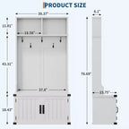 Meuble d'entrée 76" style ferme blanche avec banc, rangement à chaussures, porte-manteau à 5 crochets triples, étagère réglable, organisateur de vestiaire, peu encombrant, blanc