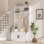 Meuble d'entrée 76" style ferme blanche avec banc, rangement à chaussures, porte-manteau à 5 crochets triples, étagère réglable, organisateur de vestiaire, peu encombrant, blanc