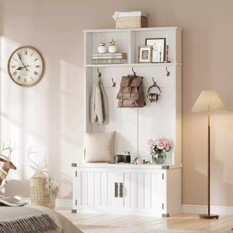 Meuble d'entrée 76" style ferme blanche avec banc, rangement à chaussures, porte-manteau à 5 crochets triples, étagère réglable, organisateur de vestiaire, peu encombrant, blanc