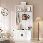 Meuble d'entrée 76" style ferme blanche avec banc, rangement à chaussures, porte-manteau à 5 crochets triples, étagère réglable, organisateur de vestiaire, peu encombrant, blanc
