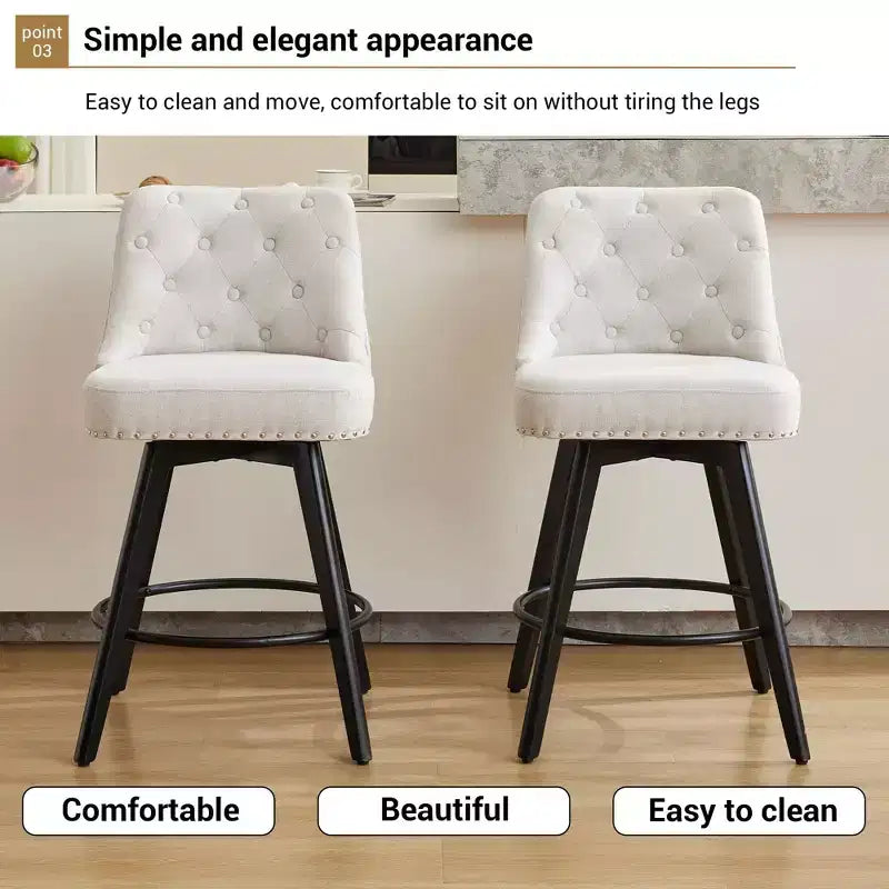 2 tabourets de bar pivotants de 66 cm avec dossier, pieds en bois massif et dossier en similicuir pour îlot de cuisine