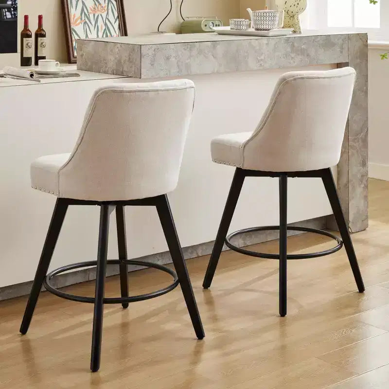 2 tabourets de bar pivotants de 66 cm avec dossier, pieds en bois massif et dossier en similicuir pour îlot de cuisine