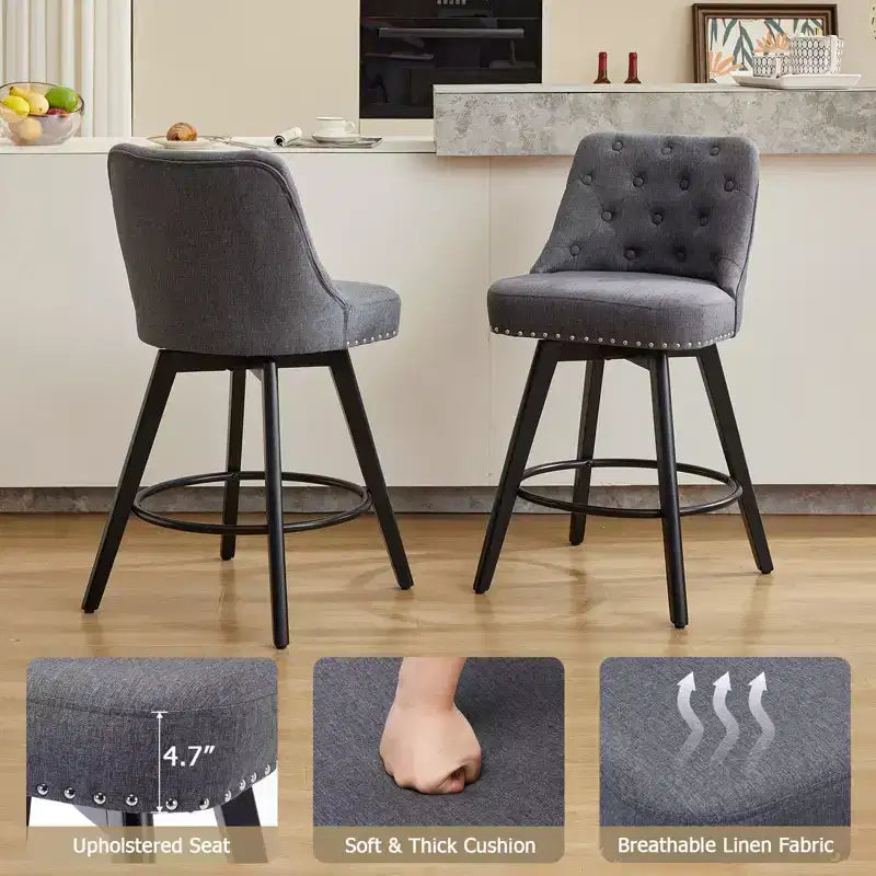 2 tabourets de bar pivotants de 66 cm avec dossier, pieds en bois massif et dossier en similicuir pour îlot de cuisine