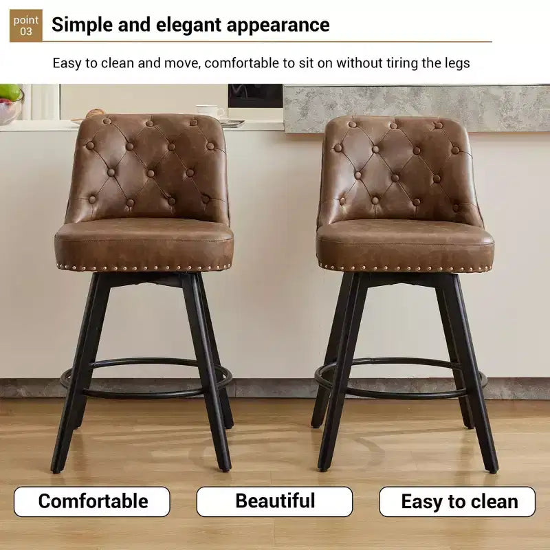 2 tabourets de bar pivotants de 66 cm avec dossier, pieds en bois massif et dossier en similicuir pour îlot de cuisine