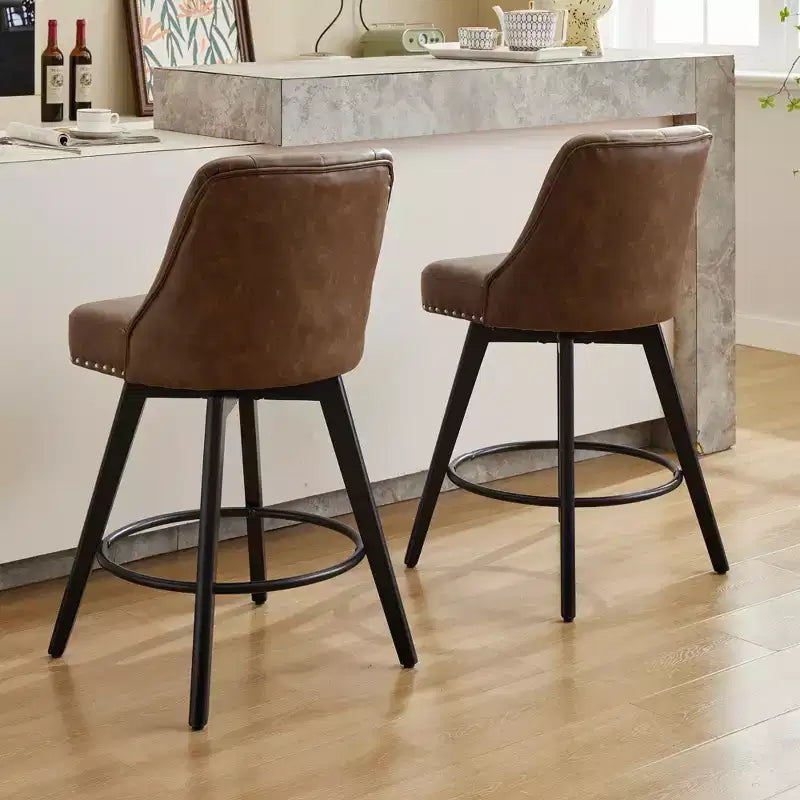 2 tabourets de bar pivotants de 66 cm avec dossier, pieds en bois massif et dossier en similicuir pour îlot de cuisine
