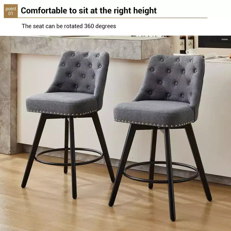 2 tabourets de bar pivotants de 66 cm avec dossier, pieds en bois massif et dossier en similicuir pour îlot de cuisine