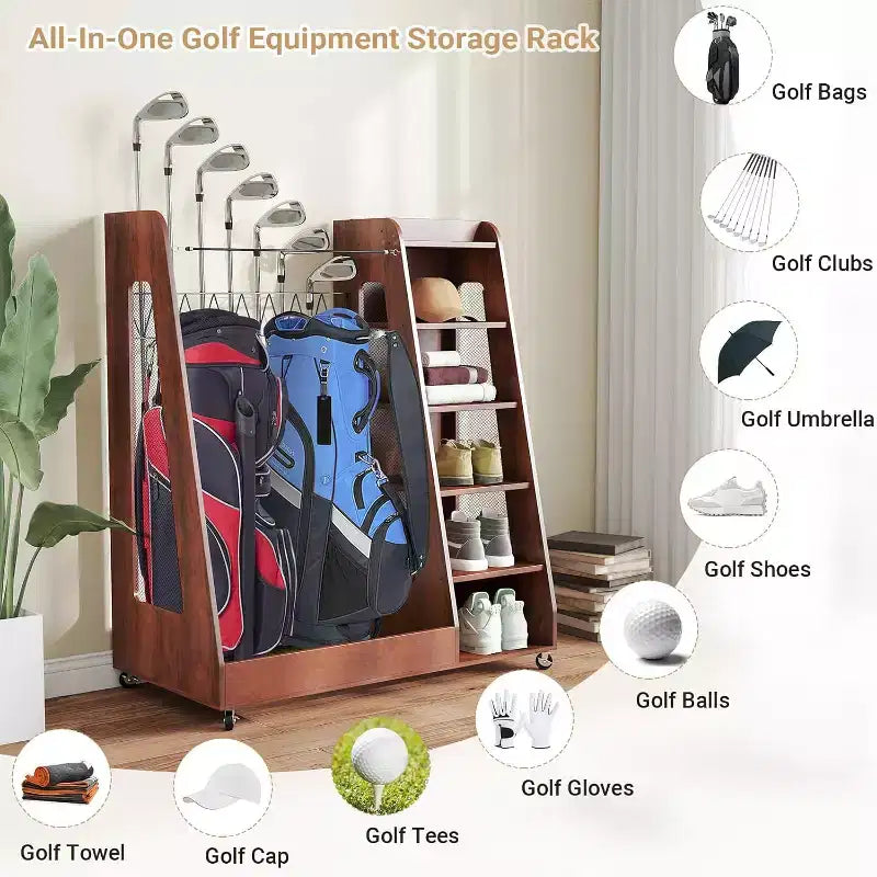 Organisateur et support de rangement pour sacs de golf en bois, support de rangement pour 2 sacs de golf avec roues, pour garage, adapté pour le club de golf à domicile, marron