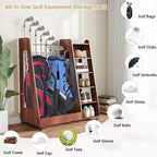 Organisateur et support de rangement pour sacs de golf en bois, support de rangement pour 2 sacs de golf avec roues, pour garage, adapté pour le club de golf à domicile, marron
